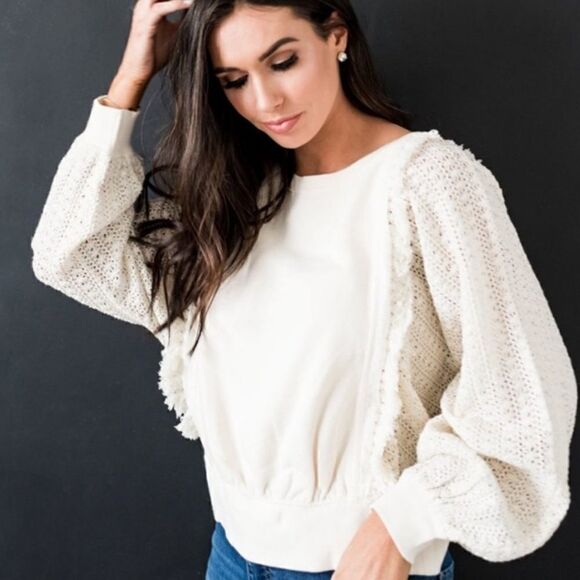 Free People Faff & Fringe Pullover Sweater Cream Crotchet - Picture 13 of 14